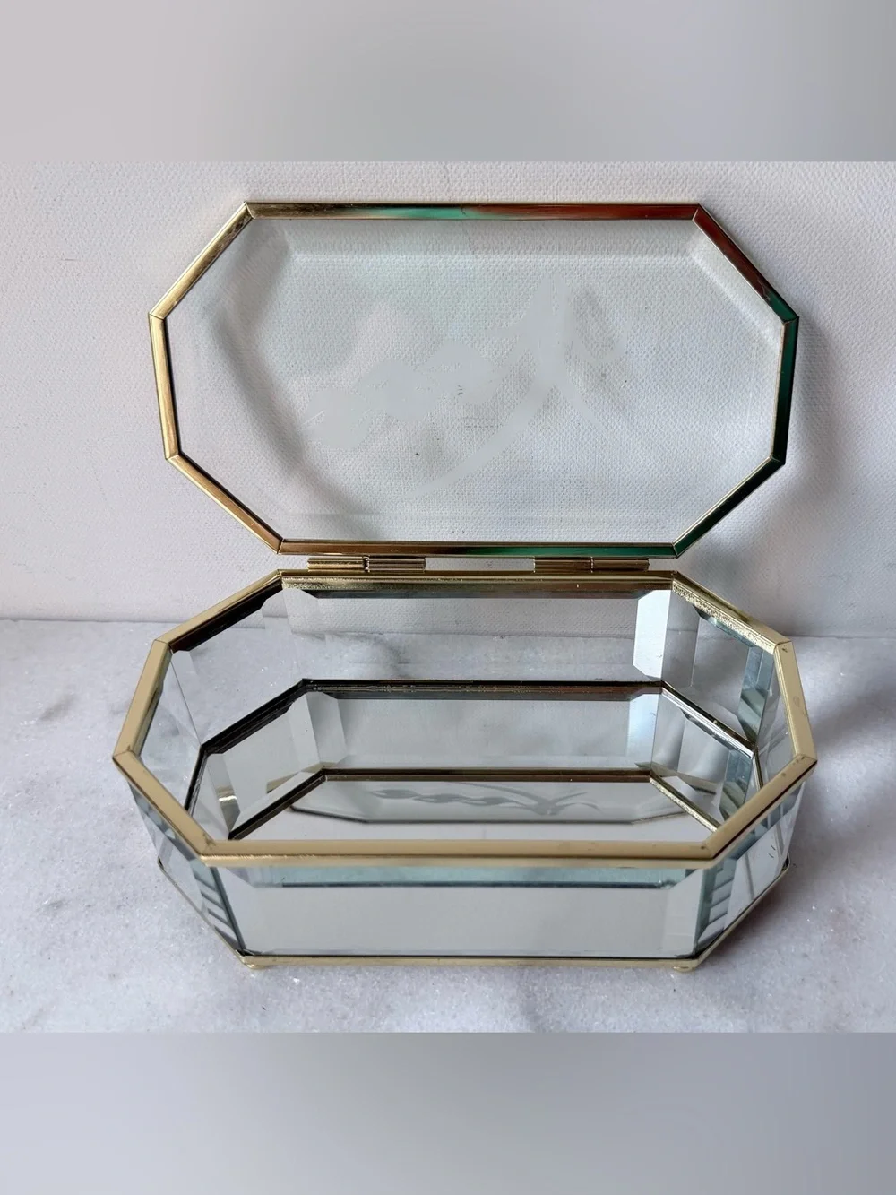 Glass and Brass Display Jewelry Case - Gold Finish, vintage